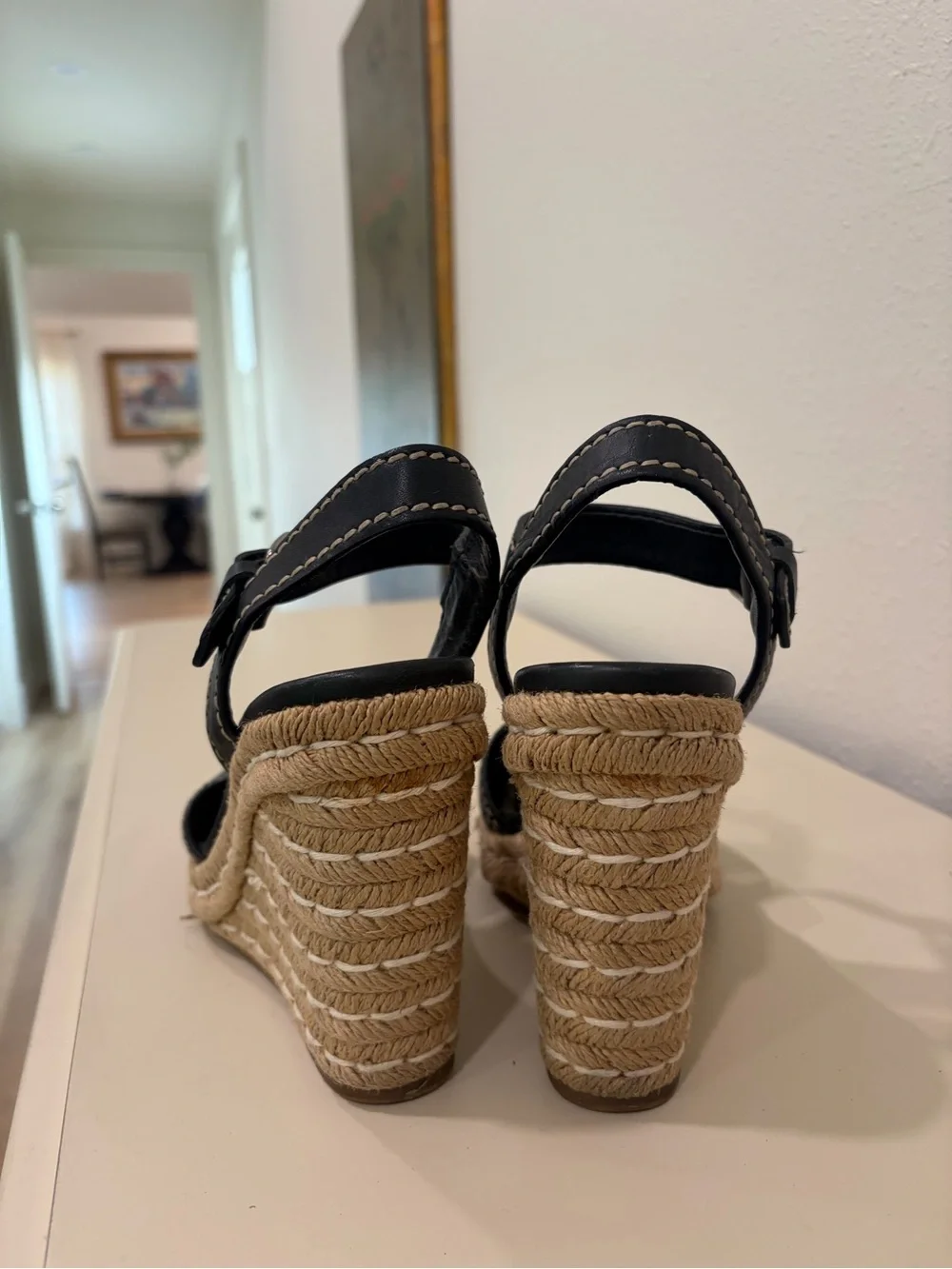 Prada Black Leather Espadrille Wedge Sandals with Contrast Stitching